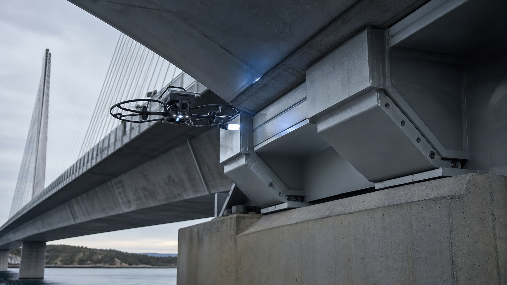 Inspection drone examining a cable-stayed bridge